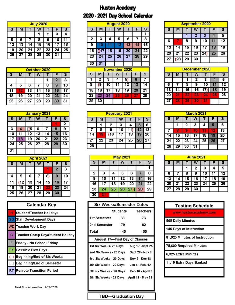 Huston Academy Day School Calendar 2020-21